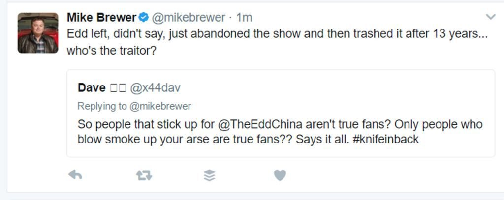 Mike Brewer Edd China Traitor tweet