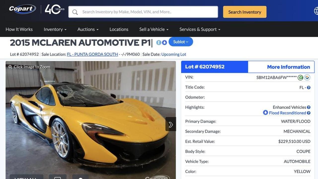 Flood damaged McLaren P1-Copart-hurricane-Ian